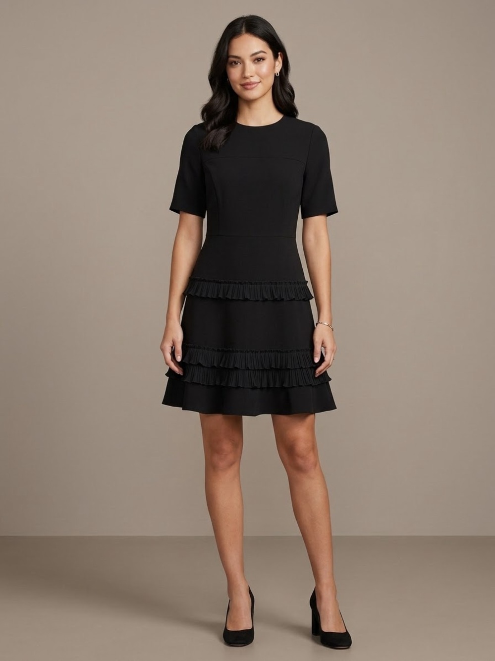 Gibson Latimer Black Tiered Ruffle Mini Dress Short Sleeve Size 6